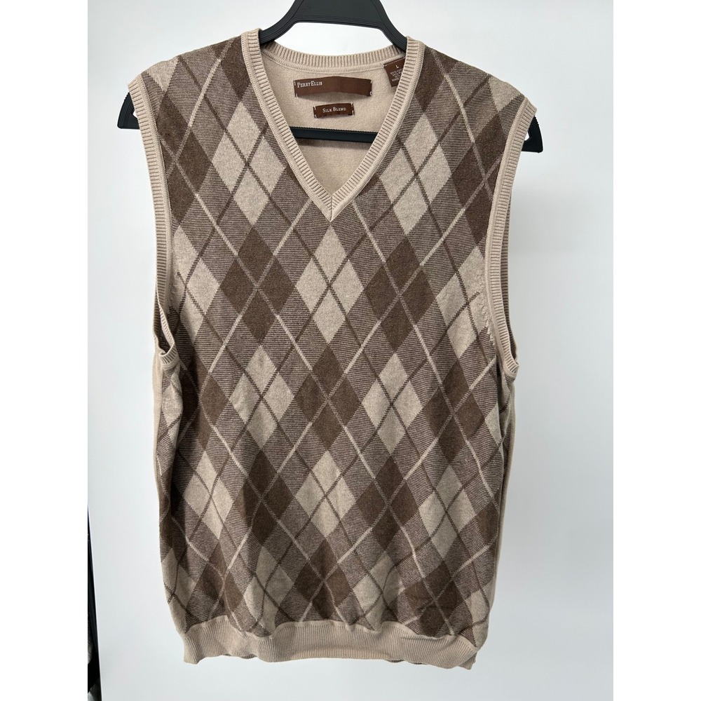 Perry Ellis Mens Argyle Sweater Vest Tan Brown Silk Blend V-Neck Large